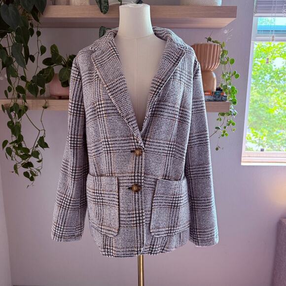 St. John’s Bay Plaid Wool Blend Pea Coat L Black Brown Gray Button Front - Picture 1 of 9